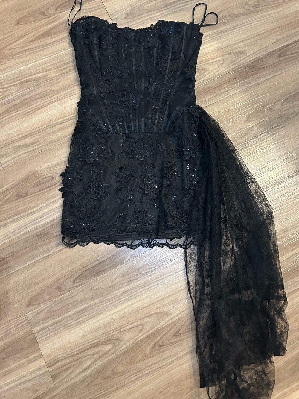 Black Lace Appliqué Mini Dress with Sheer Draped Train